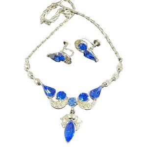Vintage Bogoff Set Necklace Screw Back Earrings Signed Blue Clear Rhinestones